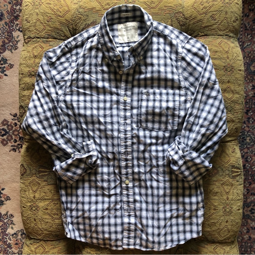 Abercrombie & Fitch Men's Button-Down Shirt XL White Blue Check Plaid